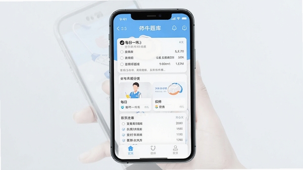 主治医师牛题库APP首页界面展示,手机屏幕显示医学考试题库分类与每日一练模块,简洁清爽的教育类应用截图风格