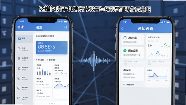 泛媒阅读手机端安装设置与权限管理操作示意图,展示后台活动权限与通知设置界面