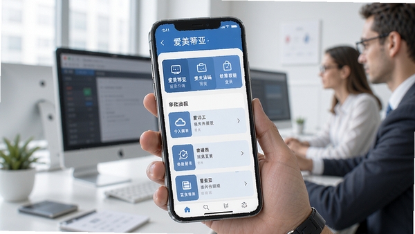 爱美蒂亚OA手机端审批待办列表界面展示,蓝色商务风格,清晰的功能模块图标,现代化移动办公场景