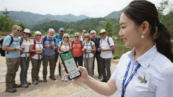 导游带团宝在景区实地使用场景,导游用手机查看行程提醒,背景为旅游团集合画面,突出移动端便捷操作