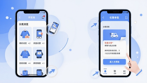 拼得好物APP使用教程示意图,手机界面展示分类浏览与优惠券领取步骤,扁平化插画风格,蓝白主色调,清晰步骤标注