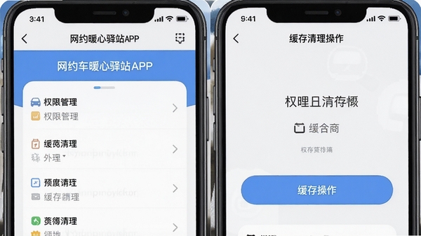 网约车暖心驿站APP设置页面展示权限管理与缓存清理操作界面