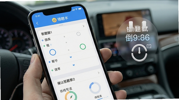 驾考模拟器科目一题库练习界面,手机屏幕展示选择题与答题卡,错题本图标醒目,界面配色清爽,带有模拟考试倒计时元素