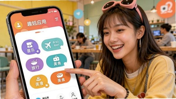 趣妞应用兴趣标签选择界面,年轻用户正在手机上挑选音乐、旅行、美食等兴趣标签,界面色彩明快,社交氛围轻松