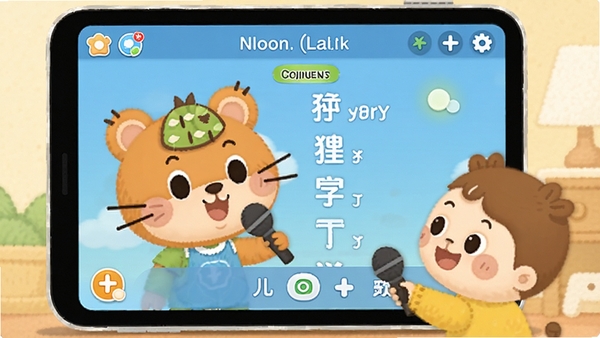 当当狸语音跟读与儿歌播放界面,卡通小动物拿着麦克风,屏幕显示歌词与跟读提示,温馨亲子场景