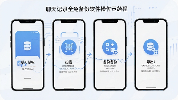 聊天记录全免备份软件操作教程示意图,手机屏幕分步骤展示授权、扫描、备份、导出四个环节,配简洁图标说明,科技感扁平化设计