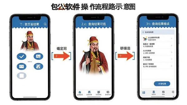 包公软件操作流程示意图,展示从首页到查询结果的完整操作路径,手机界面分步展示,清晰标注操作步骤
