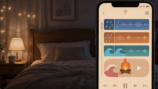 myNight软件界面展示多音轨混搭功能,雨声海浪篝火图标并列,手机屏幕发出柔和暖光,卧室床头氛围,扁平化UI风格