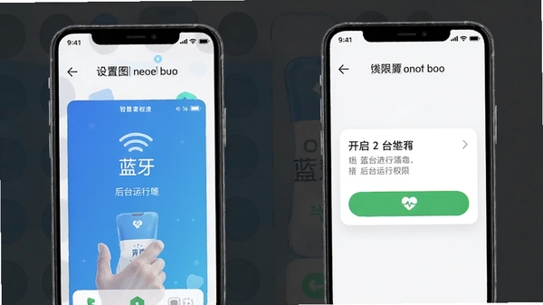 摩陶智慧健康手机设置权限界面示意图,展示蓝牙与后台运行权限开启步骤