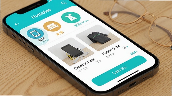 二手商品交易平台手机应用界面展示,简洁清新的闲置物品交易首页,包含数码、家居、服饰分类图标,手机屏幕中显示商品列表与发布按钮,现代扁平化设计风格,明亮蓝绿色调,高清渲染