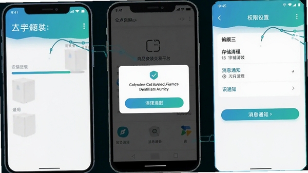 二手商品交易平台安卓手机安装与权限设置示意图,手机屏幕显示安装进度条与权限授权弹窗,旁边配有存储清理与消息通知设置界面,蓝绿色调科技感风格