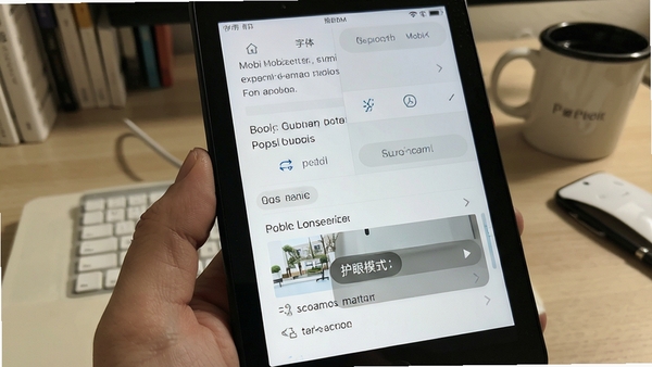 Mobi阅读器阅读界面设置菜单展示,字体调节与护眼模式选项清晰可见