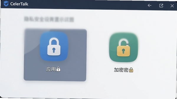 生成一张CelerTalk软件隐私安全设置的界面示意图,展示应用锁和加密锁图标,整体风格安全稳重