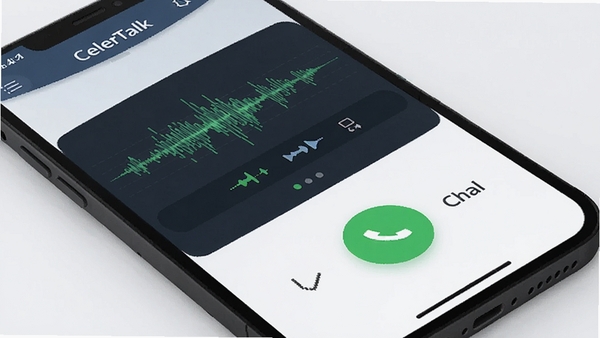 生成一张展示CelerTalk软件语音对讲界面的手机UI截图,画面中有绿色通话按钮和清晰的声音波形图,背景为简约的浅色科技风格
