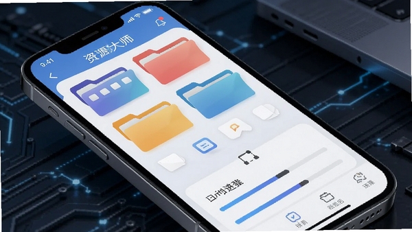 资源大师手机界面展示智能分类归档功能,彩色文件夹整齐排列,下载进度条清晰可见,科技感UI风格