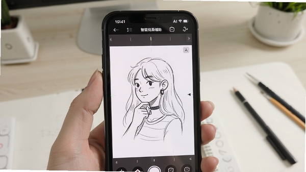 Deep绘图入门软件智能线稿辅助功能界面展示,手机屏幕中呈现AI自动生成线稿的过程,画风简洁清新