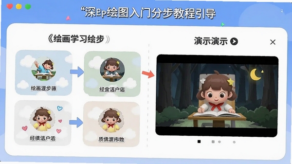 Deep绘图入门分步教程引导页面截图,展示绘画学习步骤与演示动画,界面友好易读