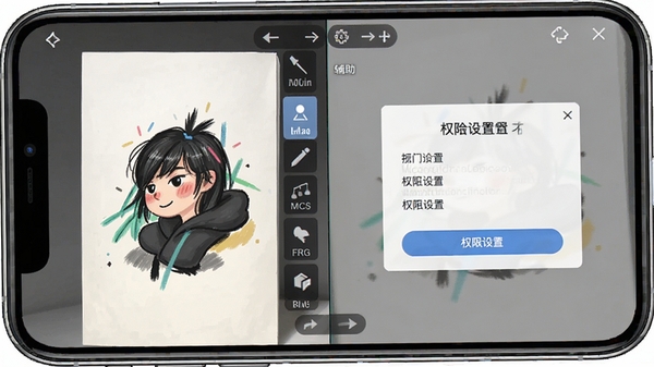 Deep绘图入门软件在手机端运行时的操作界面示意图,展示绘画辅助工具与权限设置提示,画面清晰直观