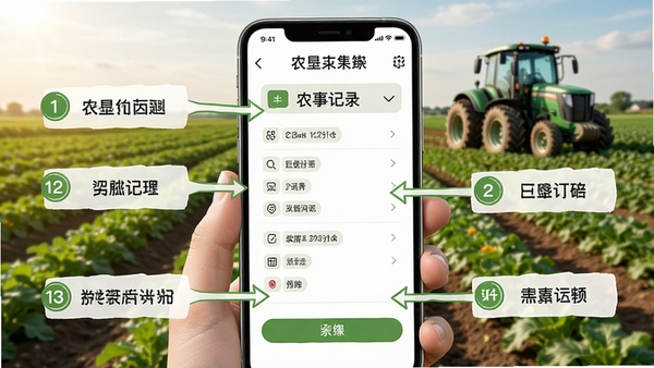 巨垦农业使用教程示意图,手机屏幕展示农事记录录入步骤,田间背景,清晰步骤标注,实用教学风格