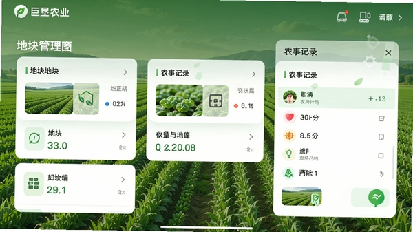 巨垦农业手机端地块管理界面,绿色田野背景,简洁卡片式布局,展示地块列表与农事记录,清新农业科技风格