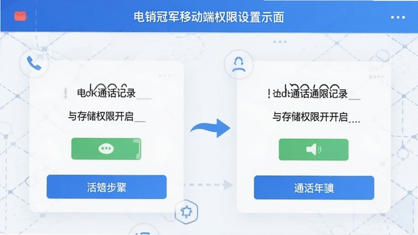 电销冠军移动端权限设置界面示意图,展示通话记录与存储权限开启步骤,简洁明了