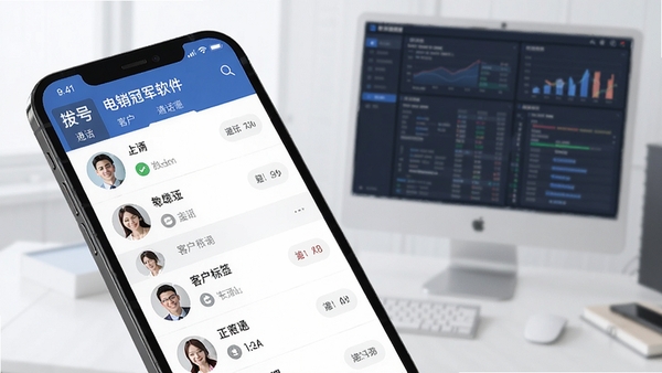 电销冠军软件界面展示智能拨号与客户标签管理功能,手机屏幕中呈现清晰的客户列表与通话记录,风格简洁商务