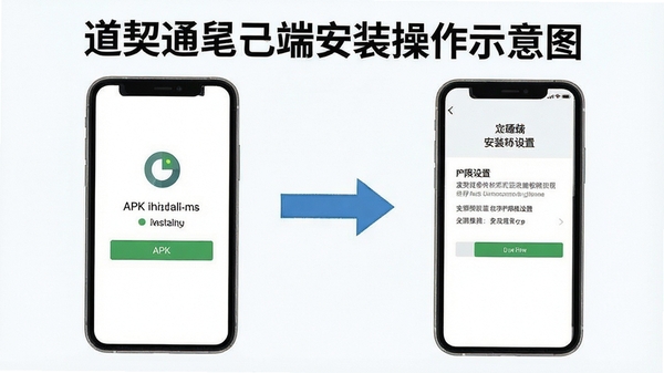 道契通手机端安装操作示意图,展示APK安装界面与权限设置页面,简洁教程风格配图