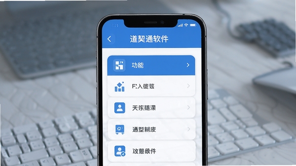 道契通软件界面展示,简洁扁平化设计风格,手机屏幕中显示功能入口列表,蓝色与白色主色调,科技感UI设计图