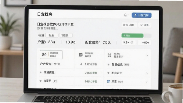 日宜找房软件房源详情页面示意,展示租金、户型、配套信息列表,界面清爽