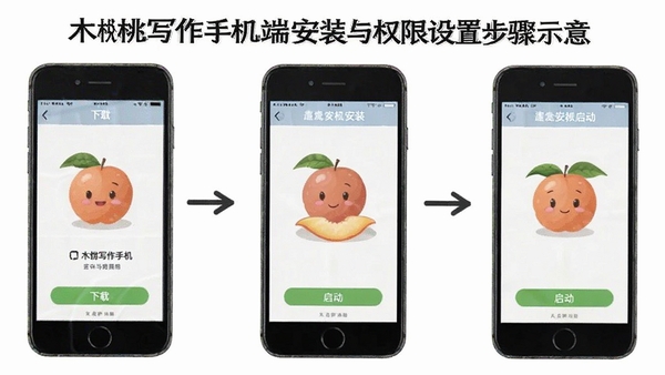 木桃写作手机端安装与权限设置步骤示意图,展示下载、安装、启动三个画面