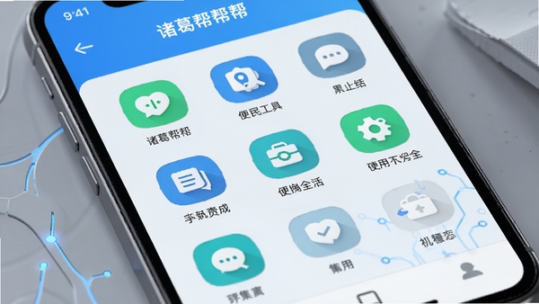 诸葛帮帮手机软件界面展示,简洁清新的便民工具应用主页面,功能图标整齐排列,科技感与生活感结合,手机屏幕特写,高清质感