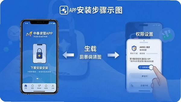 中泰资管APP安装步骤示意图,手机屏幕展示下载安装与权限设置流程