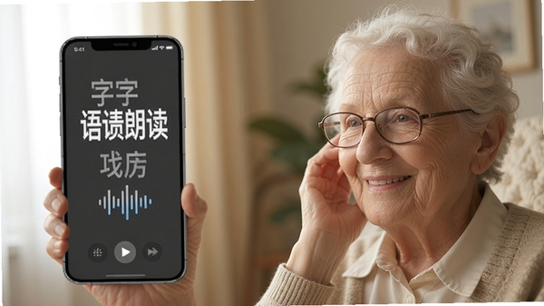 清楚看大字语音朗读功能界面,手机屏幕显示大号文字并伴有声波图标,老年用户戴着老花镜微笑聆听