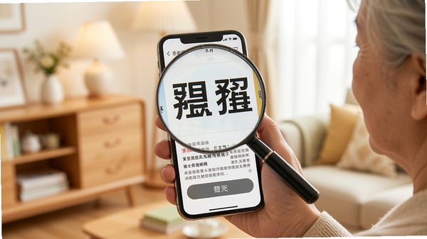 清楚看大字手机放大镜界面展示,中老年用户手持手机阅读大号字体新闻,明亮温馨的居家场景,突出清晰大字与简洁操作按钮