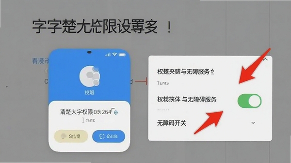清楚看大字权限设置引导页面截图,展示悬浮窗权限与无障碍服务开关位置,红色箭头标注操作步骤