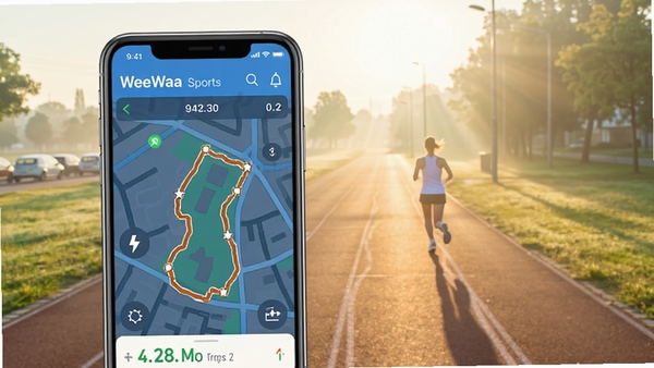 WeeWaa Sports软件运动记录界面展示,手机屏幕显示跑步轨迹地图与数据面板,背景为清晨公园跑道,风格清新明亮