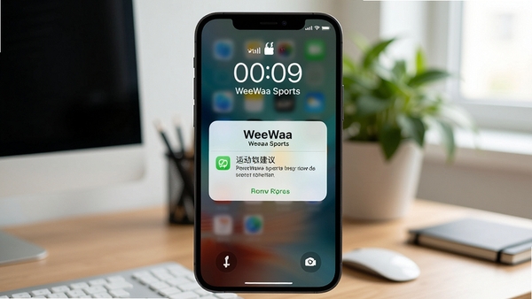 WeeWaa Sports提醒通知界面,手机锁屏显示运动建议弹窗,背景为办公桌与绿植,氛围轻松自然