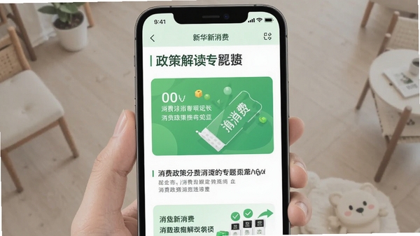 新华新消费app政策解读专题页面,手机界面展示图文并茂的消费政策分析文章,清新绿色调,扁平化设计风格