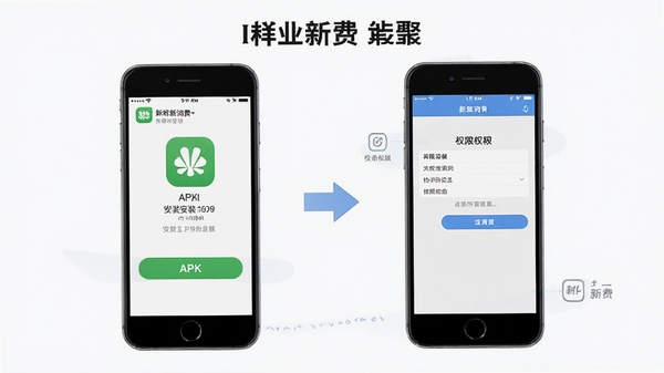 新华新消费app在手机上的安装步骤示意图,展示APK安装界面与权限设置页面,简洁明了的操作指引风格