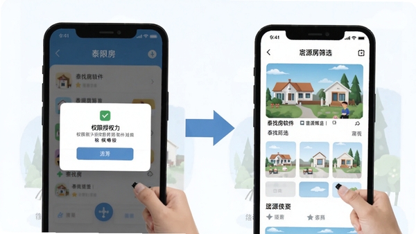 泰找房软件安装使用步骤示意图,手机界面展示权限授权弹窗与房源筛选页面,扁平化插画风格,突出操作指引