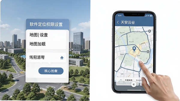 天安云谷附近软件定位权限设置与地图加载界面的操作示意图