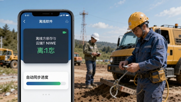 通远方软件离线采集与云端同步功能示意图,手机界面显示离线缓存状态与自动同步进度条,背景为户外作业场景,突出稳定可靠的产品特性