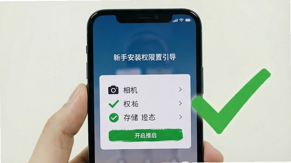 通远方软件新手安装权限设置引导界面,手机屏幕展示定位、相机、存储三项权限开启提示,配以醒目的绿色对勾标记,背景简洁清晰,教学风格
