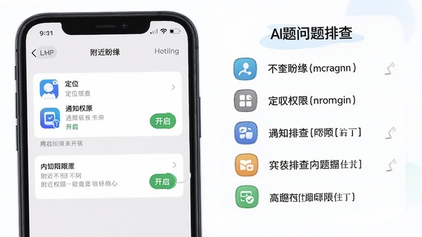 附近盼缘安装权限设置与问题排查示意图AI生图提示词:手机设置界面展示附近盼缘APP定位权限与通知权限开启状态,旁边配有问题排查清单图标,简洁教程风格