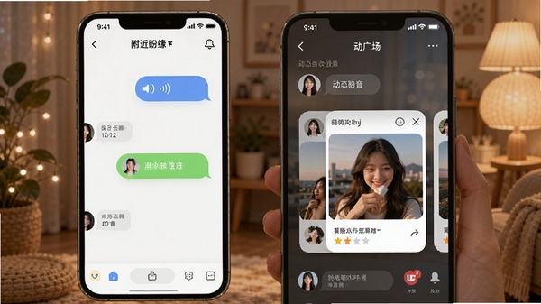 附近盼缘语音动态互动场景AI生图提示词:附近盼缘APP聊天界面与动态广场,展示语音气泡和图片动态卡片,温馨社交氛围,手机UI展示