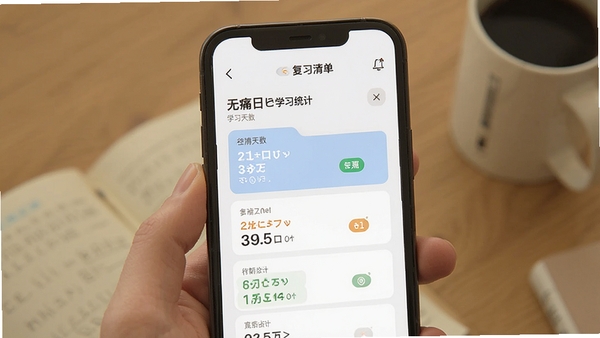 无痛日语软件学习统计页面与复习清单界面展示,手机屏幕中呈现学习天数与待复习卡片列表,简洁清爽的UI设计