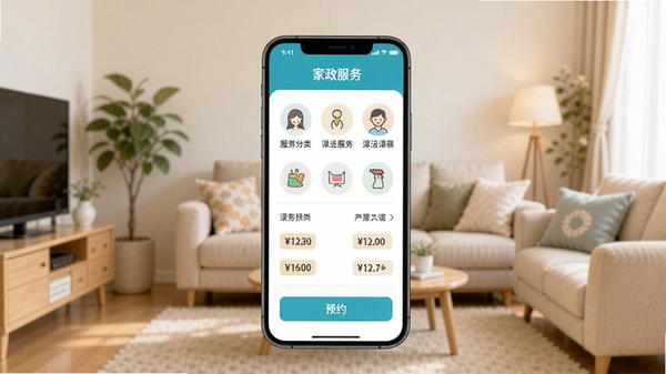 家政小时工APP界面展示,手机屏幕中呈现保洁服务预约页面,包含服务分类图标、价格标签与预约按钮,背景为温馨家居环境,风格清新明亮
