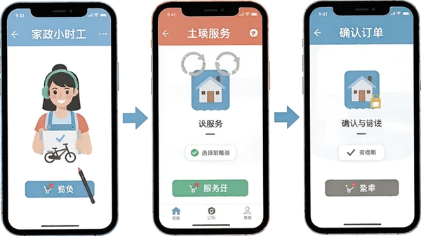 家政小时工APP预约下单操作流程图,展示手机界面从选择服务到确认订单的步骤示意,配以简洁图标与箭头引导,风格扁平化