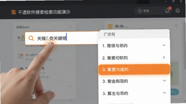 集千遗软件搜索检索功能演示,手指点击搜索框输入关键词,屏幕弹出匹配结果列表,界面高亮显示搜索匹配项,橙色强调色点缀