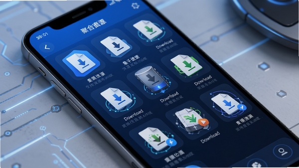 集千遗软件资源聚合面板界面展示,手机屏幕中整齐排列各类下载文件图标,界面清爽简洁,蓝色主题色调,科技感UI设计风格